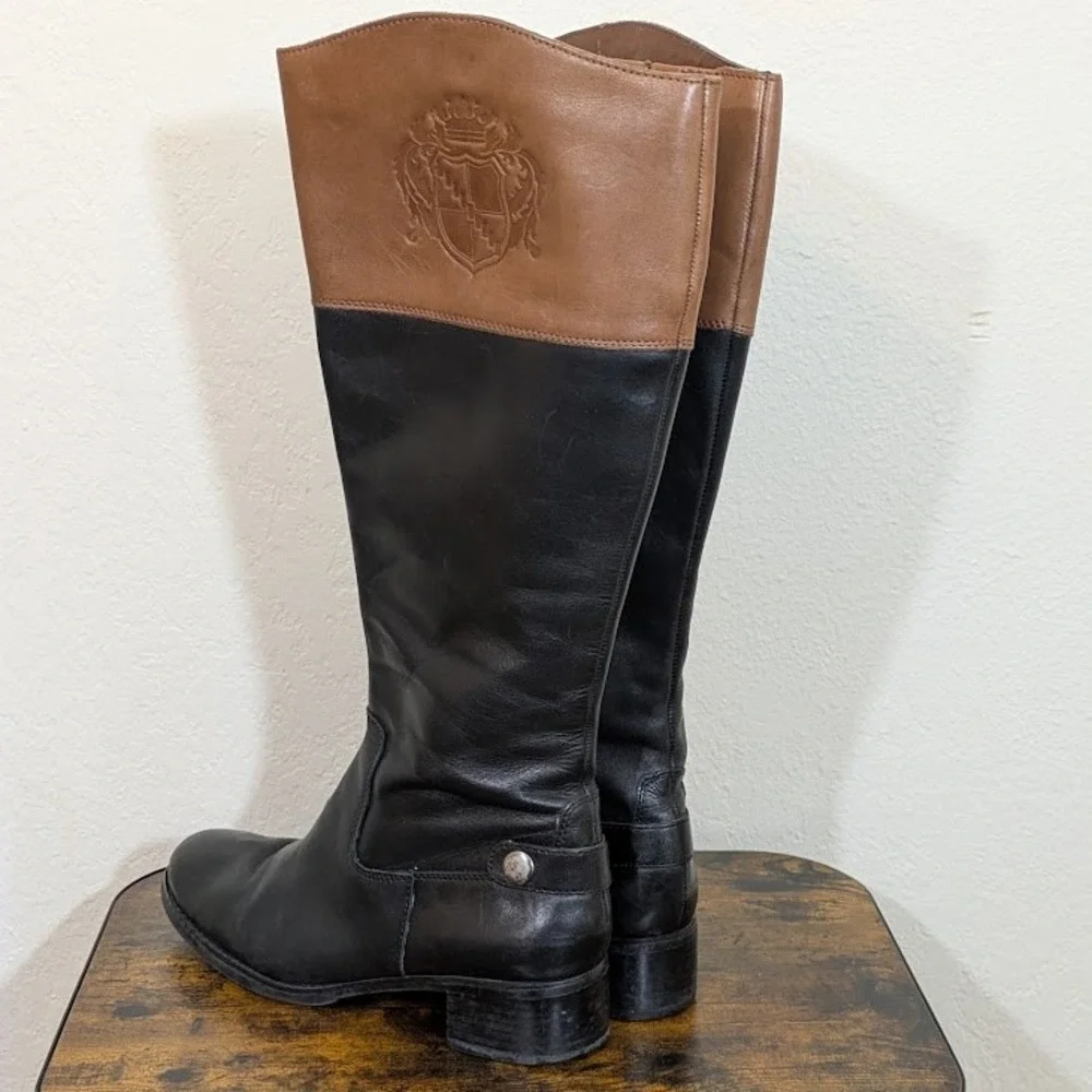 Franco Sarto Tall Riding Boots Black‎ Brown Leather Crest Detail Women US 8